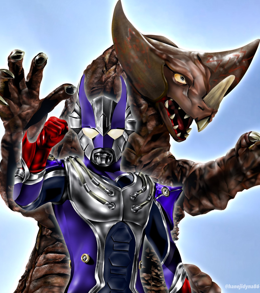 1boy, alien, armor, blue_background, blue_skin, breastplate, brown_scales, claws