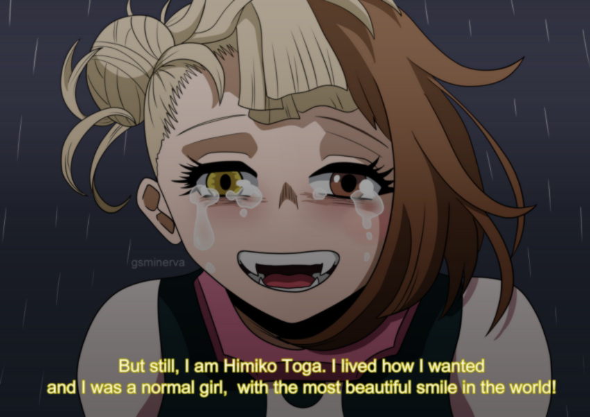 absurdres, alternate_costume, blonde_hair, boku_no_hero_academia, close-up, cosplay, crying, crying_with_eyes_open, gsminerva, highres, partial_transformation, scene_reference, tears, toga_himiko, uraraka_ochaco, uraraka_ochaco_(cosplay), yellow_eyes