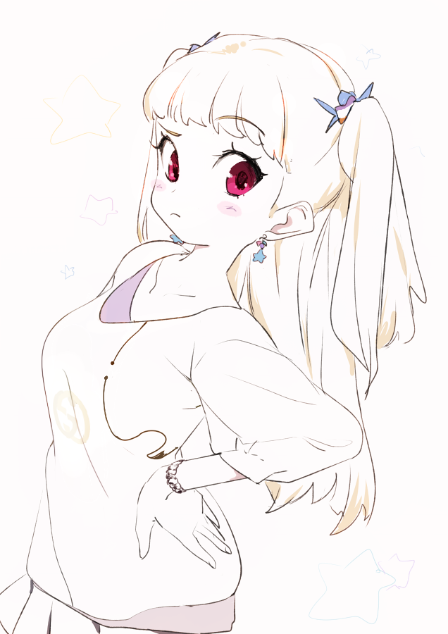 1girl, blush, bracelet, breasts, closed_mouth, earrings, eyelashes, hand_on_own_hip