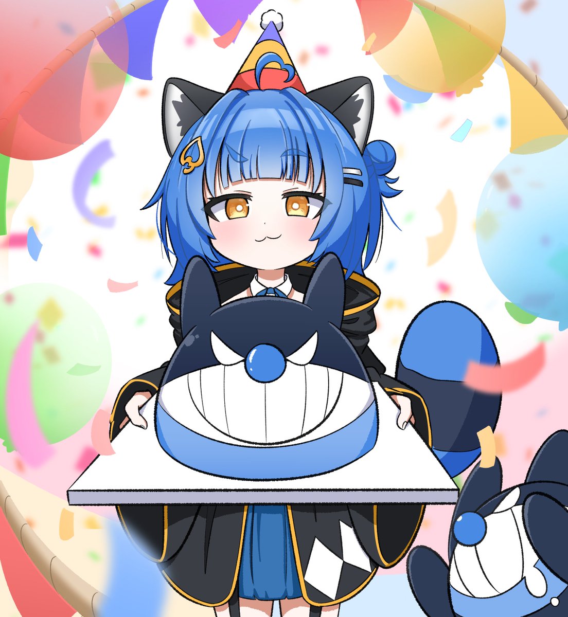 1girl, ahoge, animal_ear_fluff, animal_ears, balloon, black_cloak, blue_hair, blue_skirt
