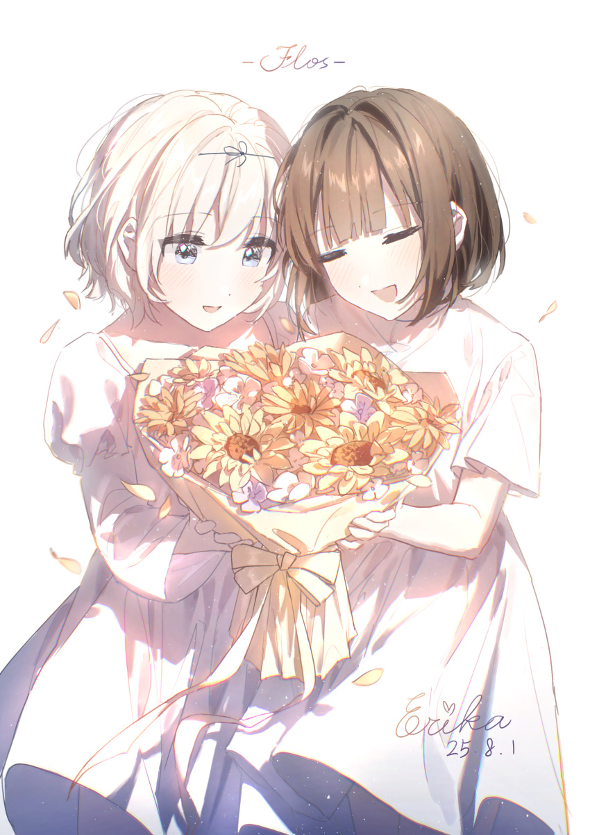 2girls, absurdres, black_hair, blue_eyes, blush, bouquet, closed_eyes, commentary_request