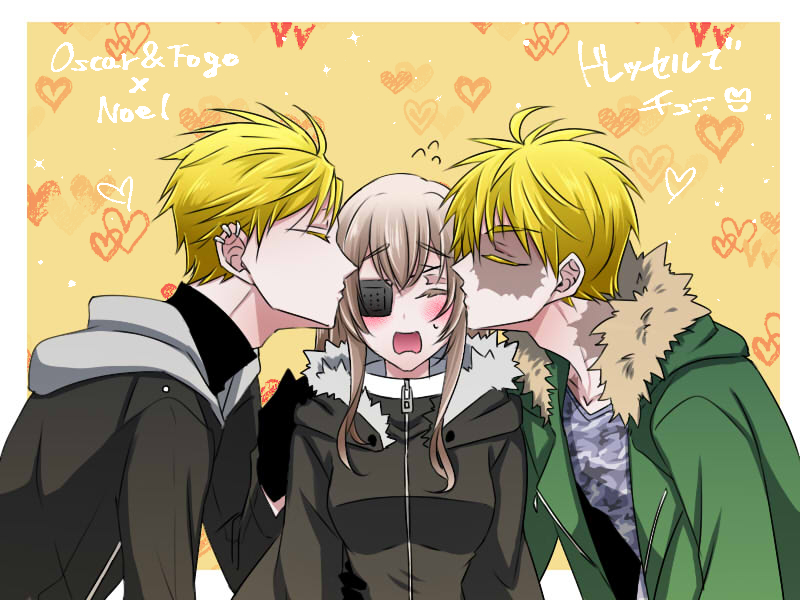 1girl, 2boys, akashi_(pixiv_user_1342337), black_jacket, blonde_hair, boy_sandwich, brothers, brown_hair