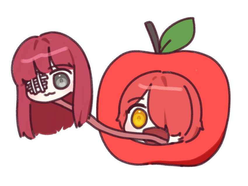 2girls, :3, apple, arknights, chibi, exusiai_(arknights), food, fruit