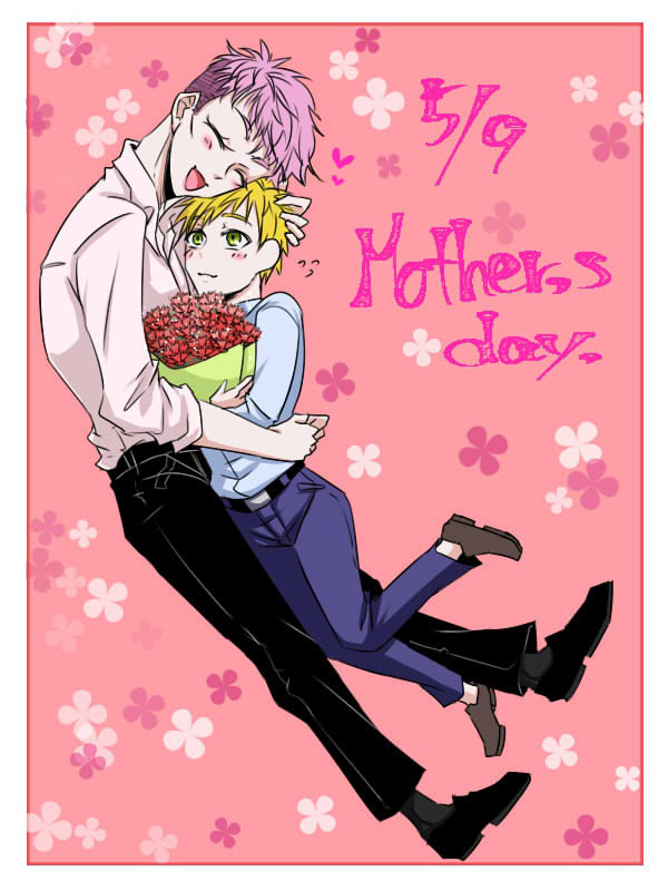 2boys, aged_down, akashi_(pixiv_user_1342337), blonde_hair, bouquet, child, closed_eyes, green_eyes