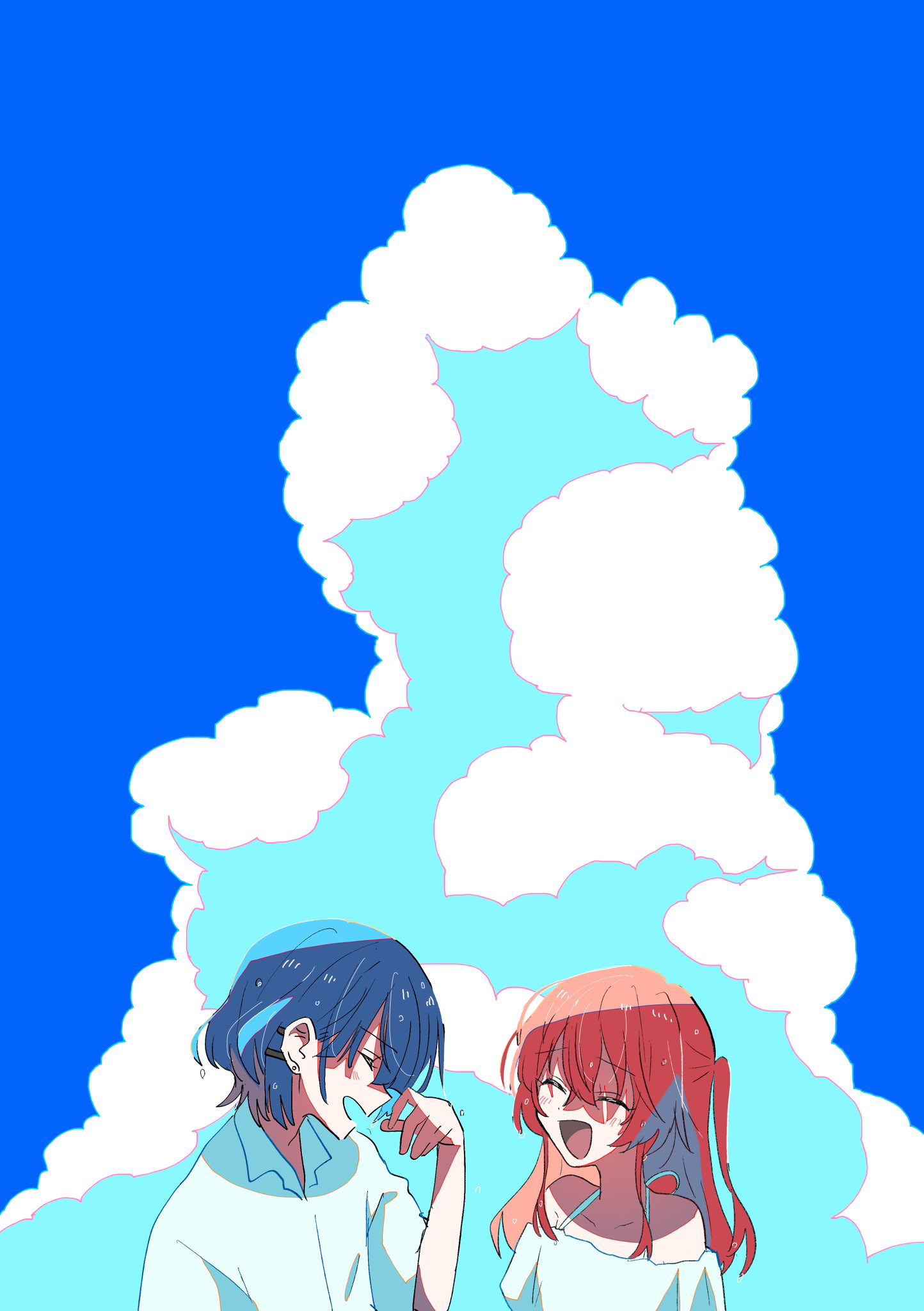 2girls, ^_^, alternate_costume, bare_shoulders, blue_hair, blue_sky, bocchi_the_rock!, closed_eyes