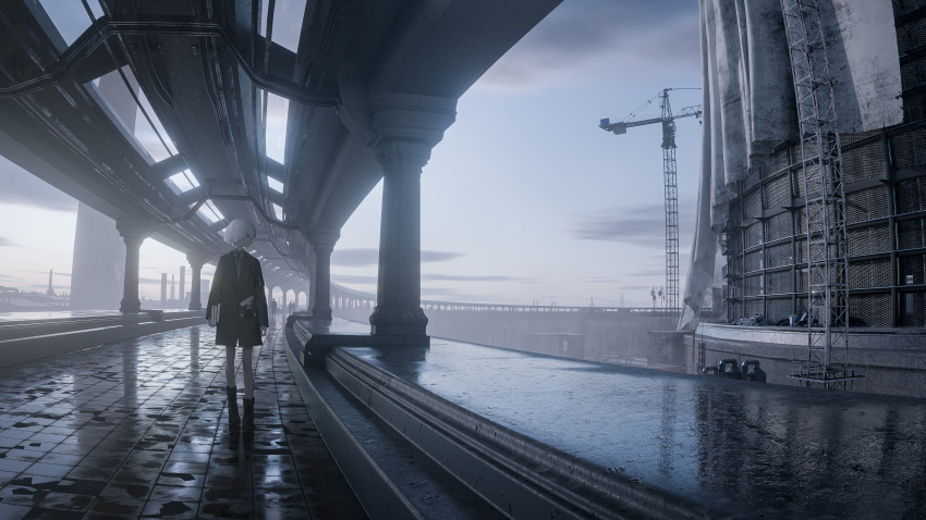 1girl, 3d_background, absurdres, black_ribbon, blue_sky, book, boots, clouds, coat, condensation, crane_(machine), day, highres, holding, holding_book, m._(emudotto), neck_ribbon, original, outdoors, ribbon, scenery, shirt, short_hair, sky, standing, walking, water, white_hair