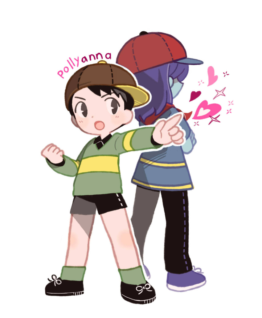 1boy, 1other, back-to-back, black_eyes, black_pants, black_shorts, blue_skin, brown_hat