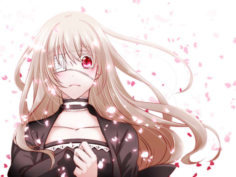 1girl, akashi_(pixiv_user_1342337), black_dress, blonde_hair, choker, dress, eyepatch, falling_petals