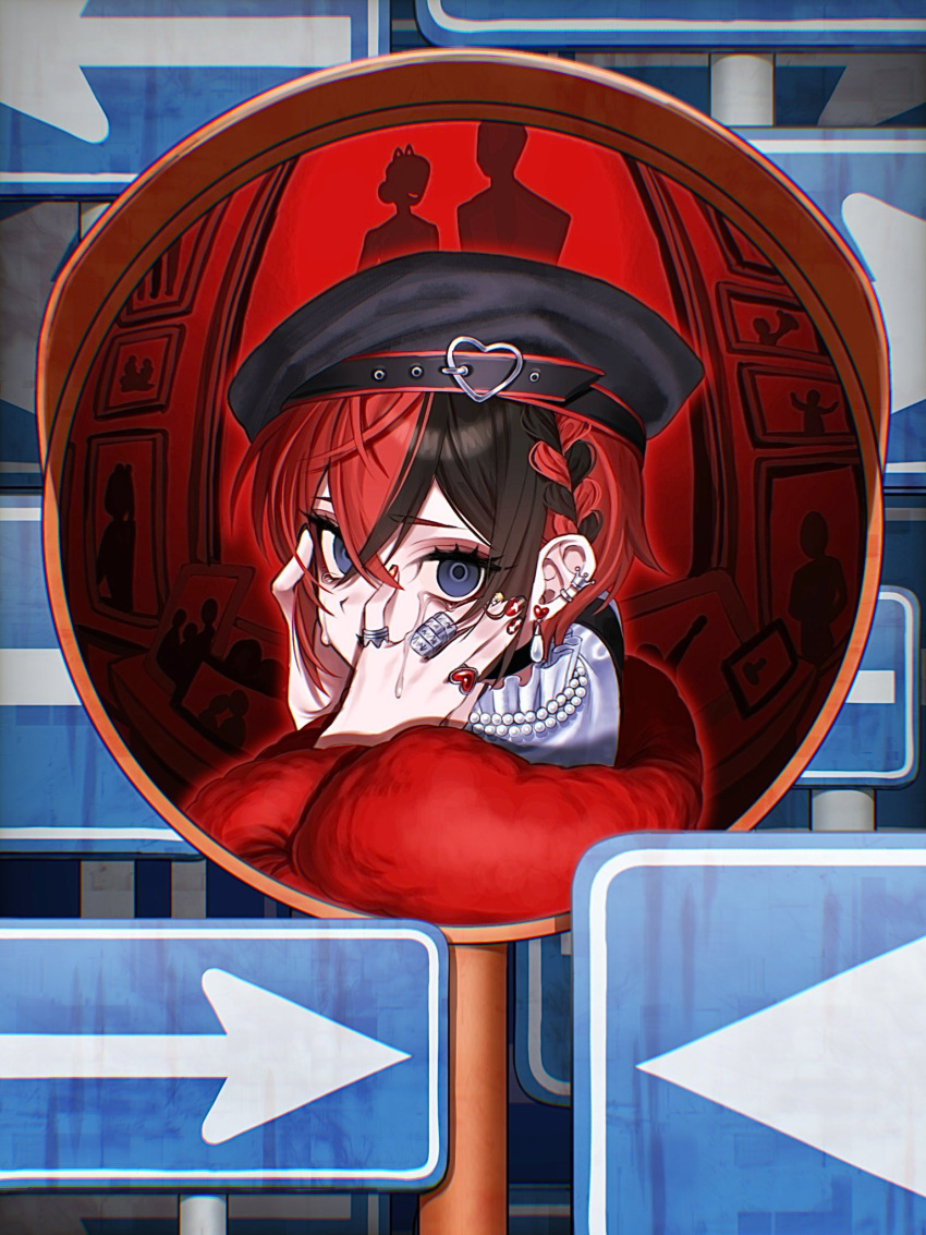 1boy, aaa_123543, beret, bishounen, black_hat, blue_eyes, covering_own_mouth, crying, crying_with_eyes_open, ear_piercing, earrings, hat, highres, jewelry, looking_at_viewer, male_focus, multicolored_hair, multiple_rings, nail_polish, piercing, reflection, riddle_rosehearts, ring, sign, solo, tears, traffic_mirror, twisted_wonderland, two-tone_hair