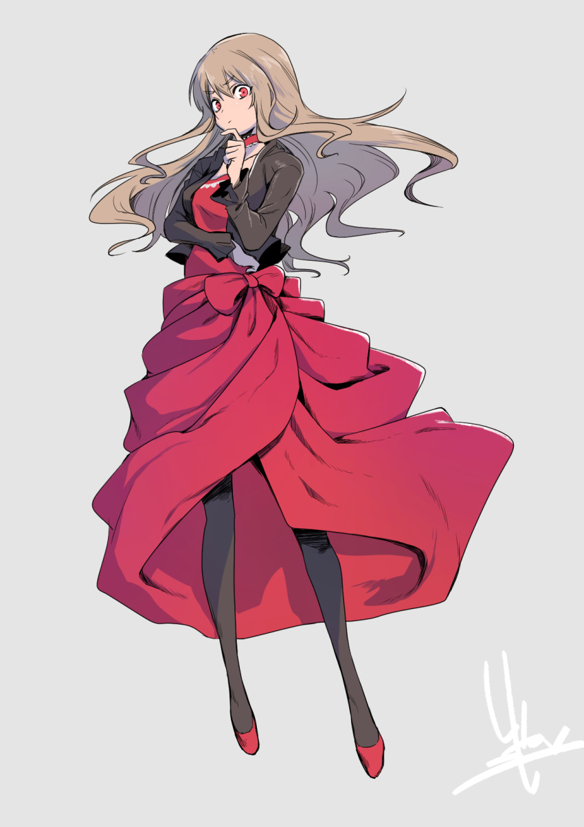 1girl, black_jacket, black_pantyhose, blonde_hair, choker, dress, highres, higyaku_no_noel