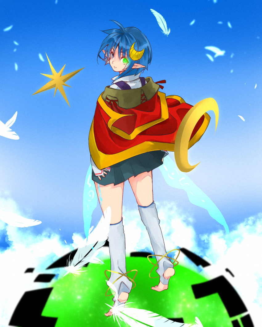 1girl, ahoge, blue_eyes, blue_hair, cape, closed_mouth, crescent, crescent_hair_ornament