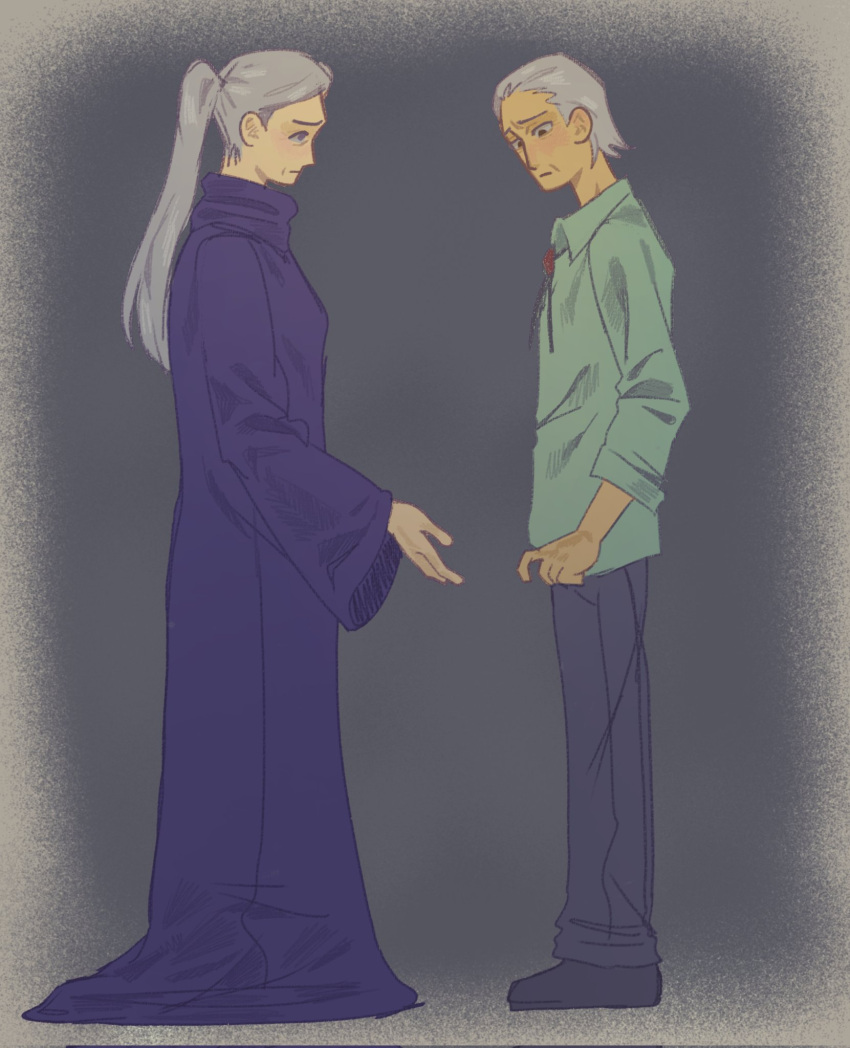 1boy, 1girl, aqua_shirt, black_shoes, blue_dress, bolo_tie, closed_mouth, collared_shirt