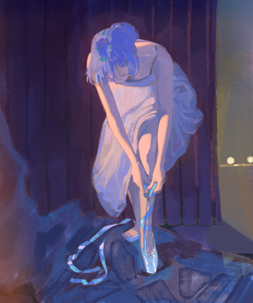 1girl, absurdres, ankle_lace-up, backstage, ballet_slippers, bare_arms, bare_shoulders, blue_hair, breasts, character_request, check_character, chinese_commentary, closed_eyes, commentary_request, curtains, dress, dressing, full_body, hamel_(path_to_nowhere), highres, indoors, luori_dianxin, path_to_nowhere, ponytail, shoes, short_hair, sleeveless, sleeveless_dress, small_breasts, solo, stage_curtains, white_dress, white_shoes