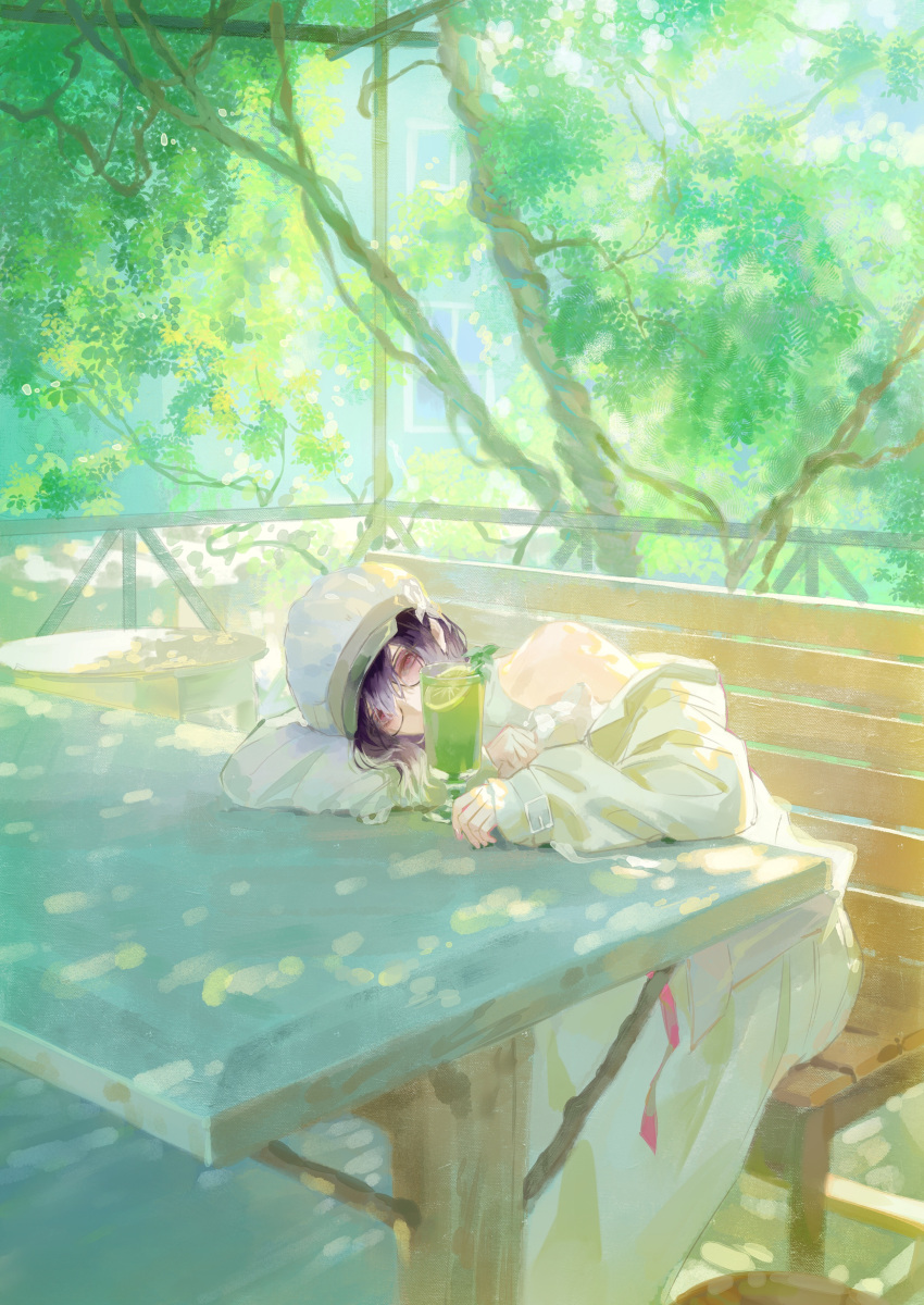 1girl, absurdres, arm_rest, bench, black-framed_eyewear, chinese_commentary, commentary_request, cup