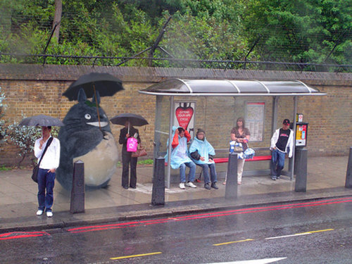 bus_stop, lowres, photo, photoshop, rain, tonari_no_totoro, totoro_(cosplay), umbrella