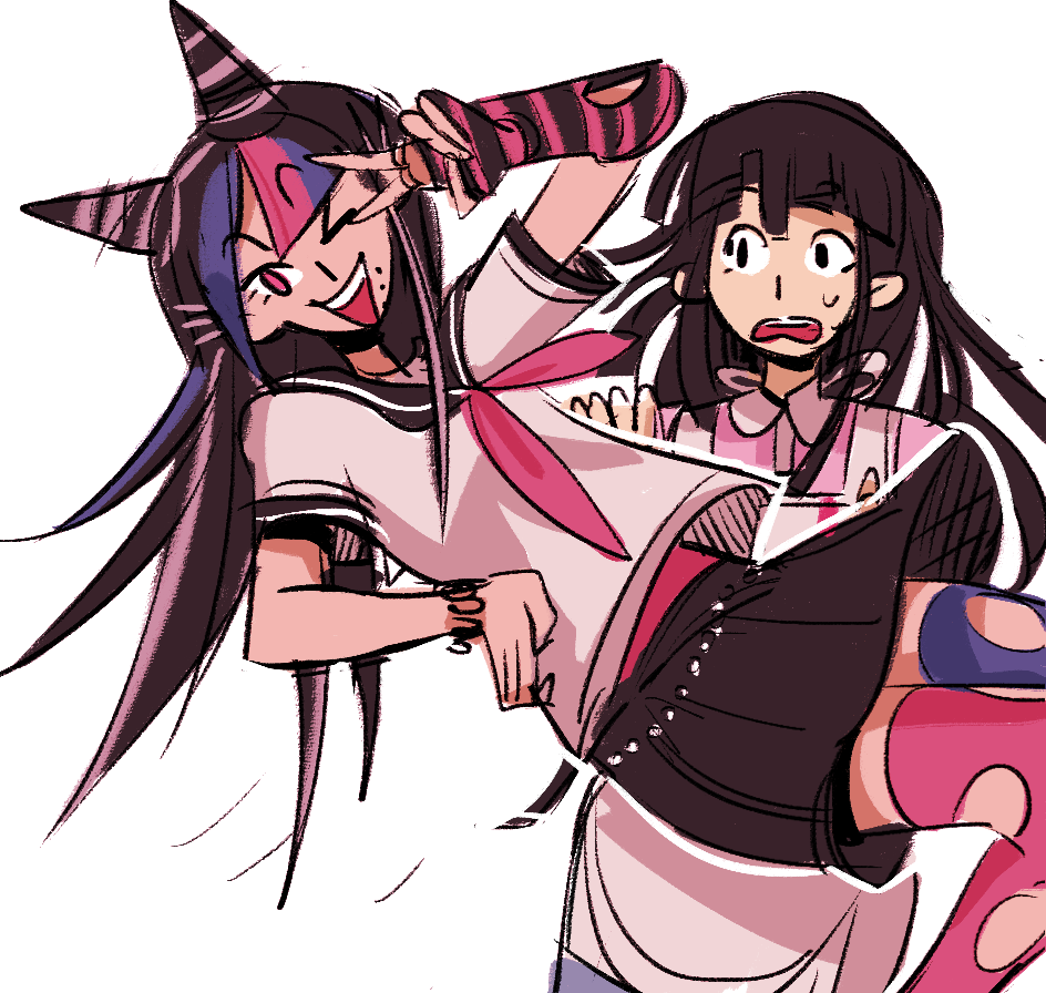 >_o, 2girls, apron, black_hair, black_sailor_collar, blue_hair, blue_streaks, collared_shirt