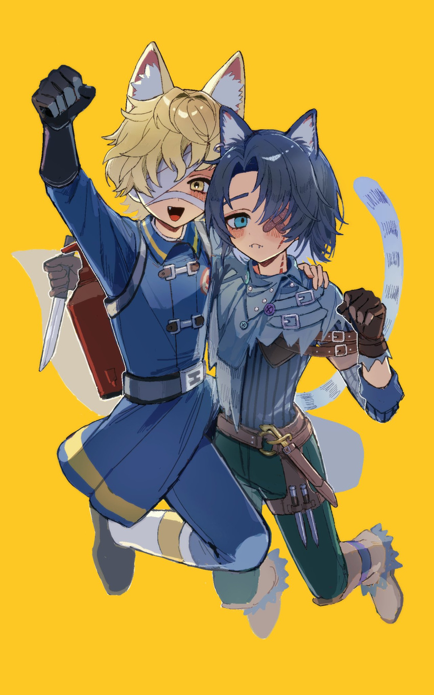 2boys, 37mimi_aim, :<, :d, animal_ears, arm_up, bandage_over_one_eye, bandaid_on_eye