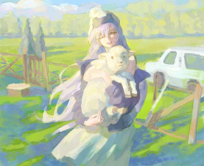 1girl, absurdres, animal, baby_animal, bare_shoulders, beanie, car, chinese_commentary