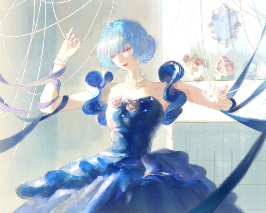1girl, absurdres, bead_bracelet, beads, blue_dress, blue_hair, blue_nails, blue_ribbon