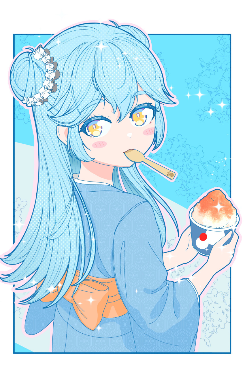 1girl, :3, absurdres, aqua_hair, blue_kimono, blush_stickers, border, cup