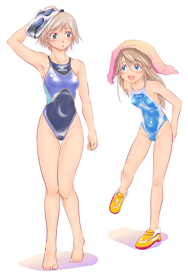 blue_eyes, brown_hair, competition_swimsuit, ellesse, goggles, green_eyes, long_hair, mizuno