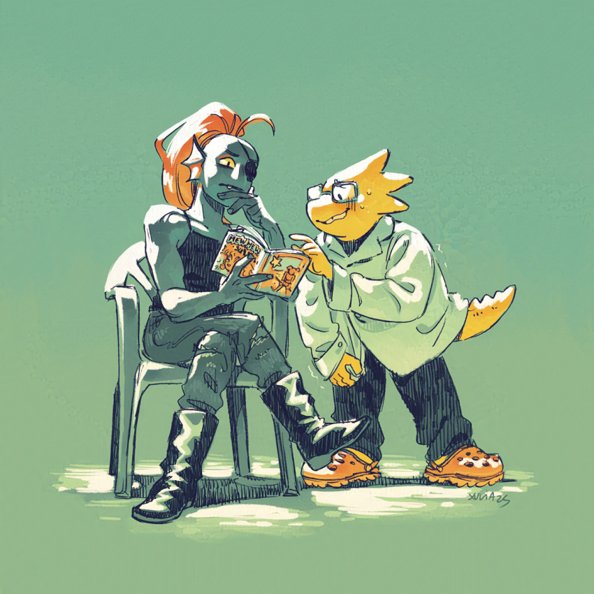 2025, 2d, 2girls, alphys, anthro, aqua_background, black_boots, black_eyepatch, black_tank_top, blue_pants, blue_skin, book, boots, buck_teeth, chair, coat, colored_sclera, colored_skin, comic_book, crocs, crossed_legs, digital_media, dinosaur, dinosaur_girl, duo, ear_fins, eyepatch, female, female_only, fins, fish, fish_girl, glasses, head_fins, height_difference, high_ponytail, holding, holding_book, lab_coat, lizard, lizard_girl, lizard_tail, long_hair, monster, monster_girl, multiple_girls, pants, ponytail, red_hair, reptile, reptile_girl, reptile_tail, scalie, sharp_teeth, simple_background, sitting, slit_pupils, sweat, tank_top, teeth, undertale, undyne, utdr_(toby_fox), white_coat, xulia_vicente_(takoxuls), yellow_sclera, yellow_skin, yellow_teeth