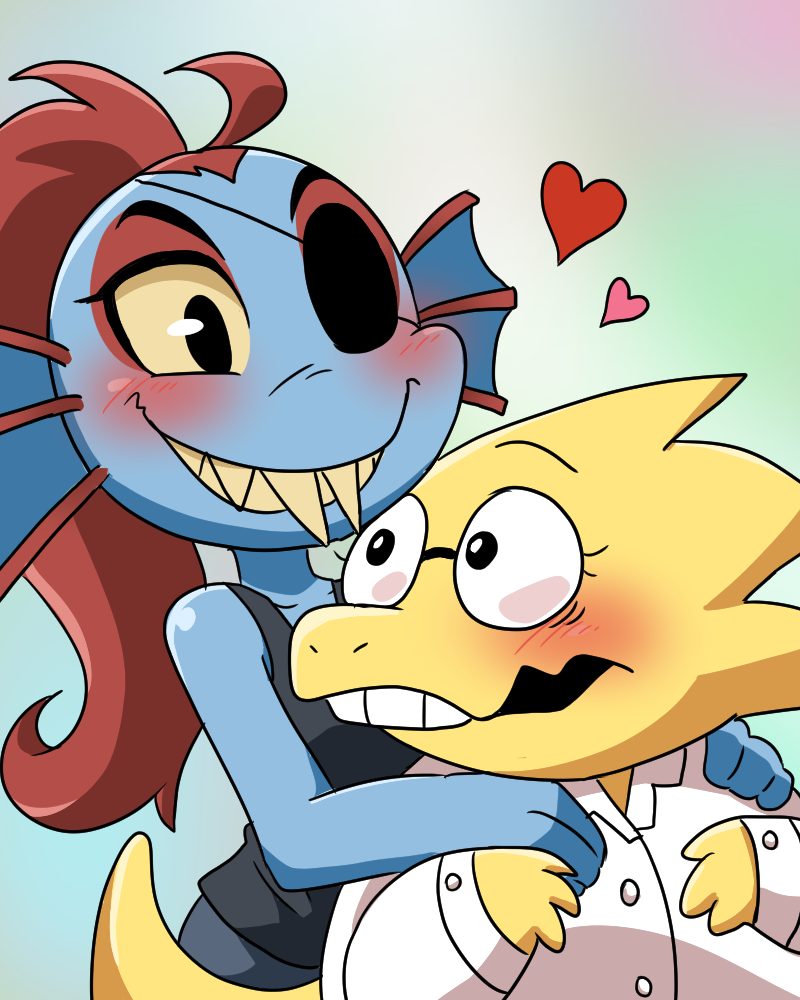 2015, 2d, 2girls, alphys, anthro, black_eyepatch, black_tank_top, blue_pants