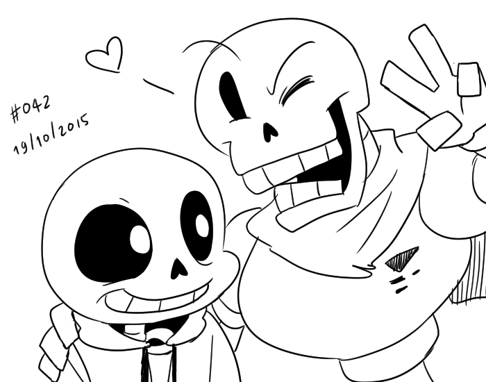 2015, 2boys, 2d, armor, brothers, cape, coffgirl, commentary, dated, digital_media, duo, english_commentary, gloves, hand_on_another's_shoulder, heart, height_difference, hollow_eyes, hood, hood_down, hooded_jacket, humanoid, jacket, leaning_to_the_side, lineart, looking_at_another, male, male_focus, male_only, monochrome, monster, monster_boy, multiple_boys, one_eye_closed, open_clothes, open_jacket, papyrus_(undertale), sans_(undertale), shirt, siblings, simple_background, skeleton, teeth, text, undead, undertale, upper_body, utdr_(toby_fox), v, white_background, white_shirt