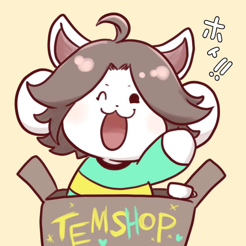 1:1, 1girl, 2022, 2d, animal, box, creature, creature_focus, cup, digital_media, female, female_only, grey_hair, hand_up, multiple_animal_ears, one_eye_closed, open_mouth, oppyanen, shirt, simple_background, solid_eyes, solo, striped_clothes, striped_shirt, tail, temmie, text, translation_request, two-tone_shirt, undertale, utdr_(toby_fox), white_fur, yellow_background