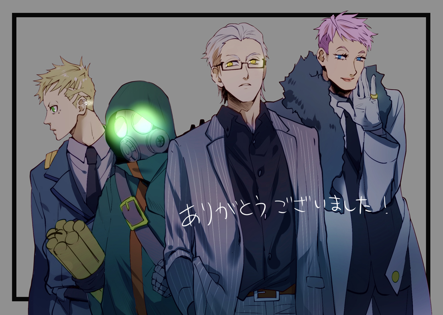 4boys, anti-eyebrow_piercing, blonde_hair, blue_eyes, brothers, business_suit, dynamite, explosive