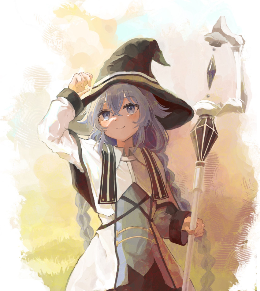 1girl, blue_hair, hat, highres, holding, holding_staff, mage_staff, minamisuwari