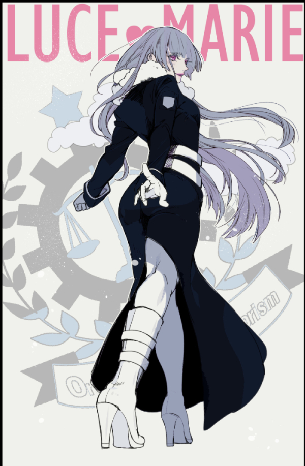 1girl, belt, black_coat, blue_hair, blunt_bangs, boots, coat, higyaku_no_noel