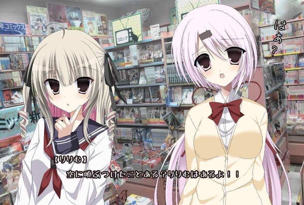 2000s_(style), 2girls, :o, adapted_costume, ahoge, black_ribbon, blonde_hair, blue_sailor_collar