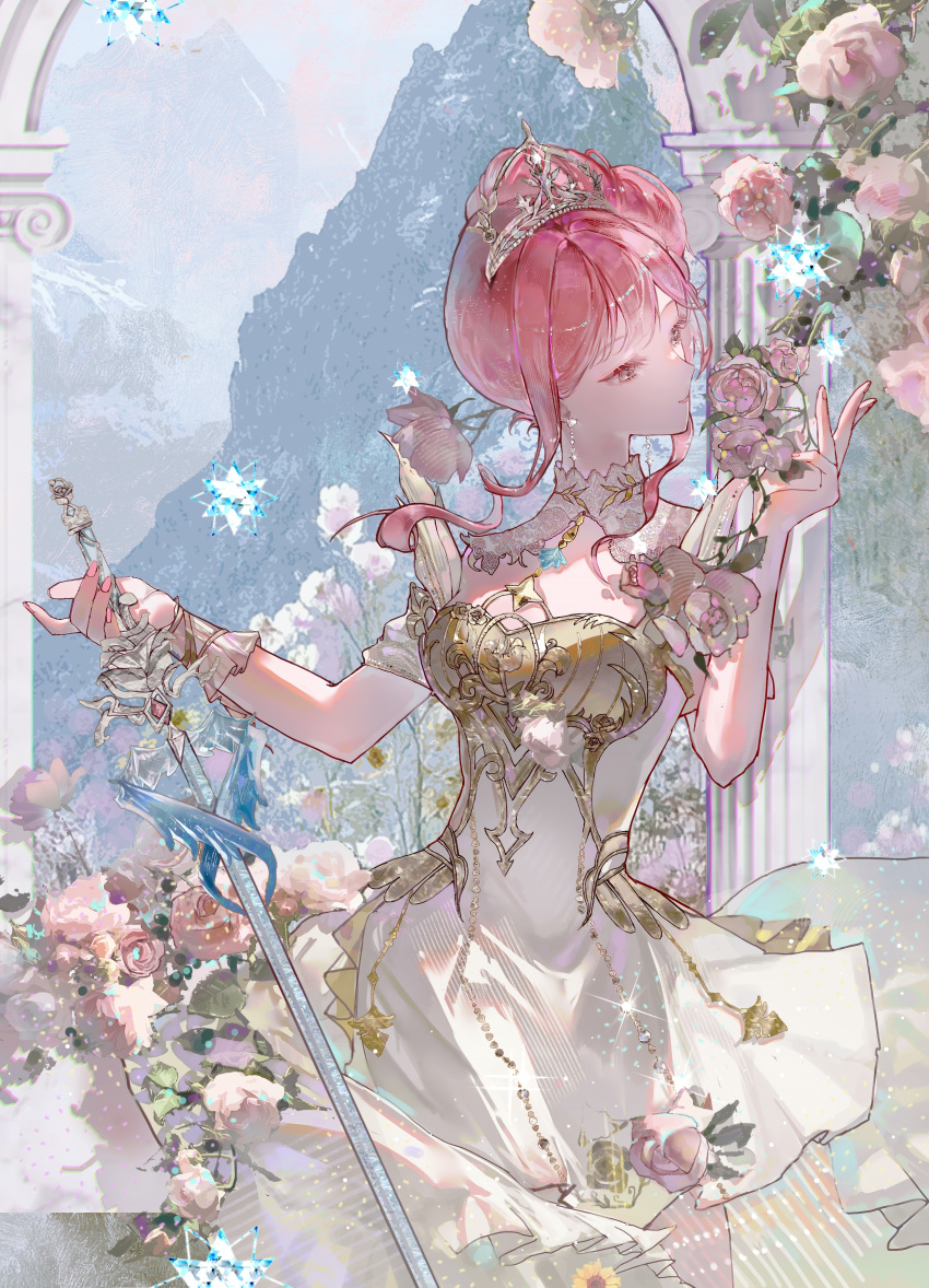 1girl, absurdres, armor, bare_shoulders, blue_sky, breastplate, brown_eyes, chinese_commentary, coattails, collar, commentary_request, cowboy_shot, day, detached_collar, dress, earrings, expressionless, eyelashes, feather-trimmed_dress, flower, hair_bun, half-closed_eyes, hexagram, highres, holding, holding_sword, holding_weapon, infinity_nikki, jewelry, lace_collar, light_particles, looking_at_food, melody_bloom_(infinity_nikki), mountain, nikki_(nikki), nikki_(series), off-shoulder_dress, off_shoulder, outdoors, parted_lips, pillar, pink_flower, pink_hair, pink_rose, pleated_dress, pointy_nose, rapier, rose, shechuguaguabagaban, short_dress, short_hair_with_long_locks, short_sleeves, sidelocks, single_side_bun, sky, solo, sparkle, standing, sword, tiara, updo, weapon, white_collar, white_dress