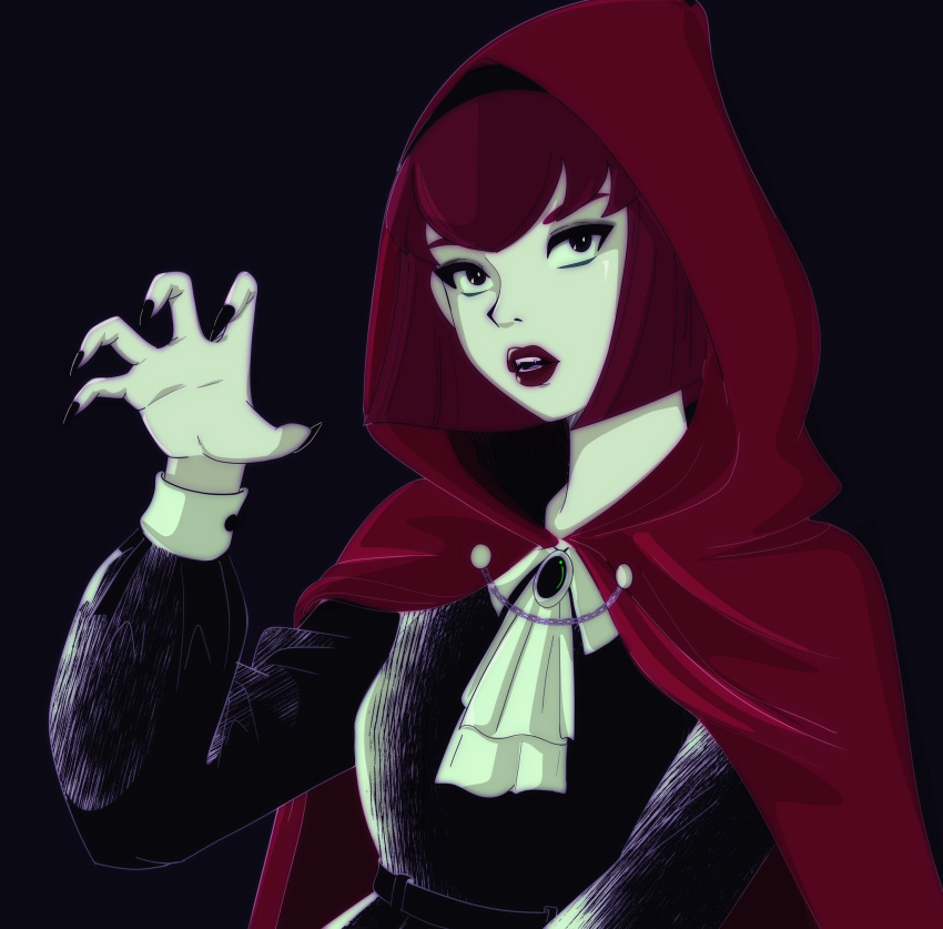 1girl, ascot, black_dress, black_eyes, black_nails, claw_pose, commentary, cosplay