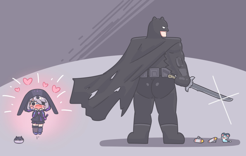 :>, absurdres, ass, bandaid, bandaid_on_cheek, bandaid_on_face, bandaid_on_knee, bandaid_on_leg, batman, batman:_arkham_(series), batman_(cosplay), blush, cape, chattino_(raora_panthera), cosplay, hair_over_one_eye, heart, highres, hololive, hololive_english, hood, hooded_jacket, jacket, jetpack, jewel_under_eye, jumping, katana, koseki_bijou, koseki_bijou_(casual), mpien, open_mouth, pebble_(koseki_bijou), purple_hair, short_hair, smile, sword, virtual_youtuber, weapon