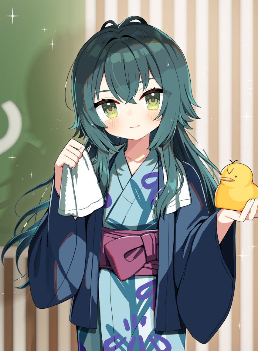 1girl, blue_kimono, blush, closed_mouth, commentary_request, gakuen_idolmaster, green_eyes, green_hair