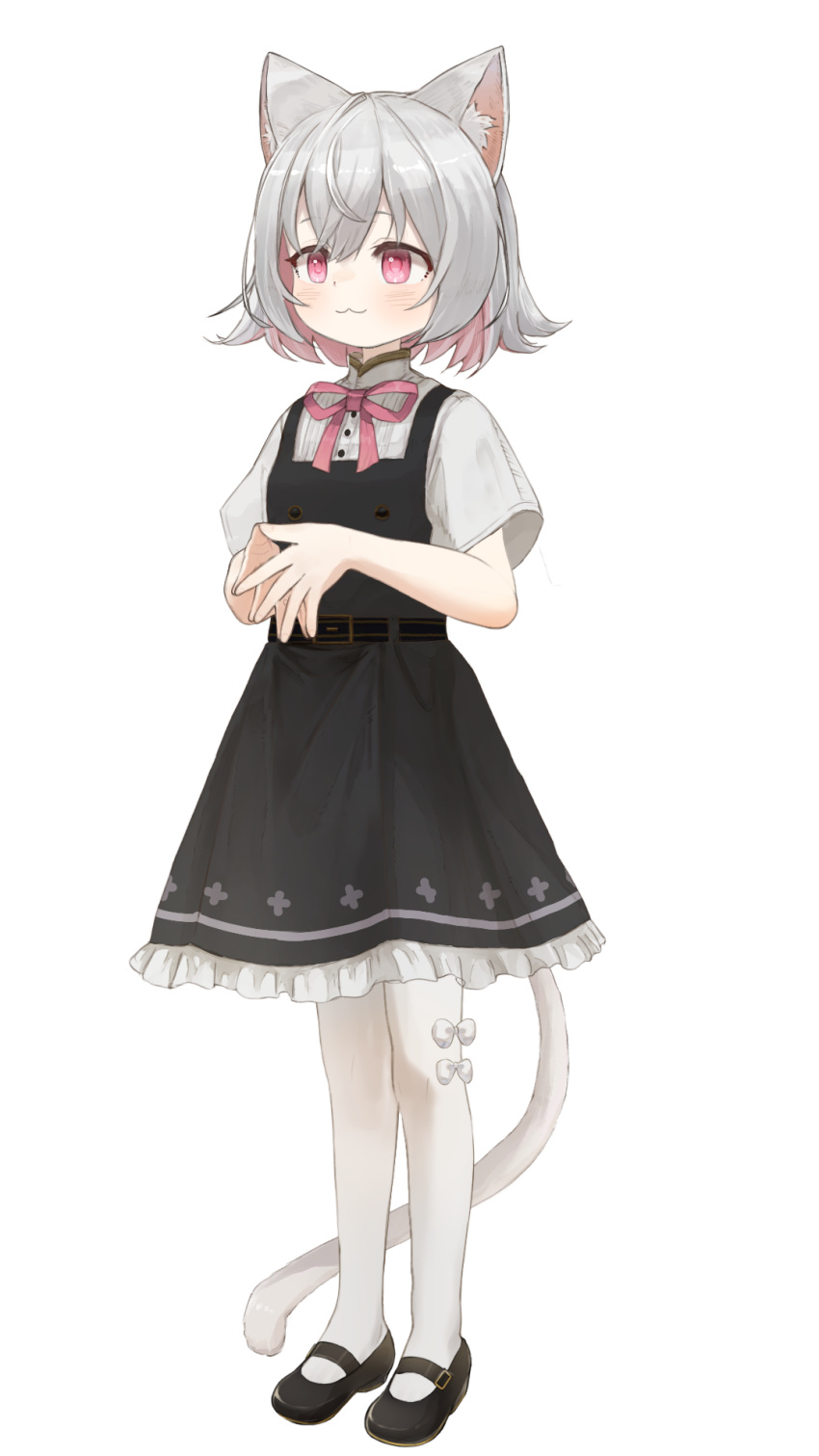 1girl, :3, animal_ears, black_dress, black_shoes, bow, bowtie, cat_ears