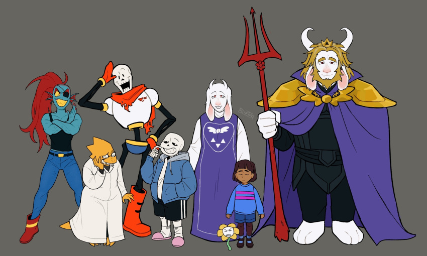 1other, 2024, 2d, 3girls, 4boys, alphys, alternate_skin_color, ambiguous_gender, animal_ears, anthro, armor, asgore_dreemurr, barefoot, beard, black_eyepatch, black_shorts, black_tank_top, blonde_hair, blue_jacket, blue_pants, blue_shirt, blue_shorts, blue_skin, blue_socks, bluebertea, brothers, brown_hair, brown_pantyhose, brown_shoes, buck_teeth, cape, child, clip_studio_paint_(medium), cloak, coat, colored_sclera, colored_skin, commentary, crown, dark-skinned_other, dark_skin, delta_rune_(symbol), delta_rune_print, digital_media, dinosaur, dinosaur_girl, droopy_ears, ear_fins, english_commentary, everyone, eyepatch, facial_hair, fangs, female, fins, fish, fish_girl, floppy_ears, flower, flowey_(undertale), frisk_(undertale), full_body, furry, furry_female, furry_male, glasses, gloves, goat, goat_boy, goat_ears, goat_girl, goat_horns, grey_background, grey_hood, grin, head_fins, height_difference, high_ponytail, highres, holding, holding_polearm, holding_trident, holding_weapon, hollow_eyes, hood, hood_down, hooded_jacket, horizontal-striped_clothes, horns, human, humanoid, jacket, lab_coat, lineup, lizard, lizard_girl, lizard_tail, long_hair, long_sleeves, male, mammal, monster, monster_boy, monster_girl, multiple_boys, multiple_girls, open_clothes, open_jacket, pants, pantyhose, pantyhose_under_shorts, papyrus_(undertale), pauldrons, pink_slippers, pink_stripes, plant, polearm, ponytail, purple_cloak, purple_robe, red_boots, red_cape, red_gloves, red_hair, reptile, reptile_girl, reptile_tail, robe, sans_(undertale), scalie, sharp_teeth, shirt, shoes, short_hair, shorts, siblings, simple_background, single_vertical_stripe, skeleton, slippers, slit_pupils, smile, socks, standing, striped_clothes, striped_shirt, striped_shorts, tail, tank_top, teeth, toriel, trident, two-tone_shirt, undead, undertale, undyne, utdr_(toby_fox), vertical-striped_clothes, vertical-striped_shorts, weapon, white_armor, white_coat, white_fur, white_horns, white_shirt, white_socks, white_stripes, yellow_flower, yellow_sclera, yellow_skin, yellow_teeth