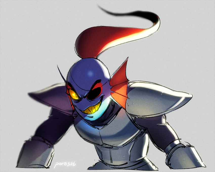 1girl, 2019, 2d, anthro, armor, artist_name, black_eyepatch, blue_skin, breastplate, colored_sclera, colored_skin, digital_media, ear_fins, eyepatch, female, female_only, fins, fish, fish_girl, gauntlets, grey_background, head_fins, high_ponytail, leaning_forward, long_hair, monster, monster_girl, pauldrons, ponytail, poroi_(poro586), red_hair, sharp_teeth, simple_background, slit_pupils, solo, teeth, twitter_username, undertale, undyne, utdr_(toby_fox), yellow_sclera, yellow_teeth