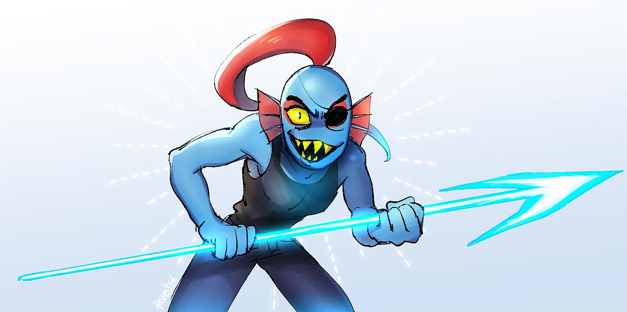 1girl, 2019, 2d, anthro, artist_name, black_eyepatch, black_tank_top, blue_pants, blue_skin, colored_sclera, colored_skin, cowboy_shot, digital_media, ear_fins, eyepatch, female, female_only, fighting_stance, fins, fish, fish_girl, head_fins, high_ponytail, holding, holding_polearm, holding_spear, holding_weapon, legs_apart, long_hair, monster, monster_girl, pants, polearm, ponytail, poroi_(poro586), red_hair, sharp_teeth, simple_background, slit_pupils, solo, spear, standing, tank_top, teeth, twitter_username, undertale, undyne, utdr_(toby_fox), weapon, yellow_sclera, yellow_teeth