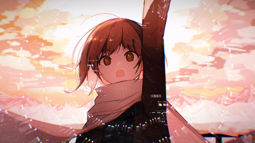 1girl, :o, arm_up, asya_shubina, brown_coat, brown_eyes, brown_hair, clouds