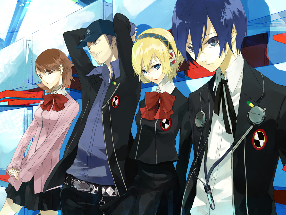 android, arisato_minato, bad_id, blonde_hair, blue_eyes, blue_hair, bow, brown_eyes