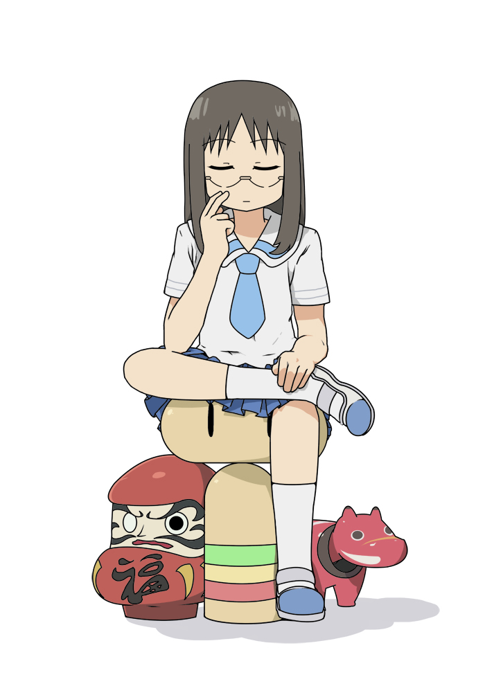 akabeko, black_hair, closed_eyes, crossed_legs, daruma_doll, doll, eyes_closed, finger_to_face