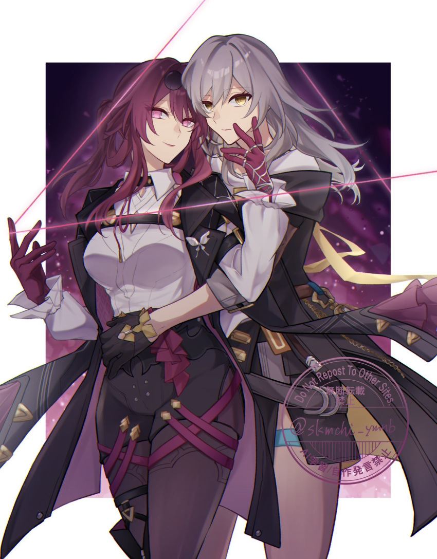 2girls, black-framed_eyewear, black_gloves, black_jacket, black_shorts, black_skirt, border, breasts, butterfly_ornament, closed_mouth, collared_shirt, commentary_request, cowboy_shot, eyewear_on_head, floating_clothes, gloves, gradient_background, grey_hair, hair_between_eyes, hand_around_waist, hands_up, high-waist_shorts, highres, honkai:_star_rail, honkai_(series), jacket, jewelry, kafka_(honkai:_star_rail), lapels, large_breasts, long_hair, long_sleeves, looking_at_viewer, low_ponytail, miniskirt, multiple_girls, multiple_rings, open_clothes, open_jacket, outside_border, pantyhose, pink_pupils, ponytail, puffy_long_sleeves, puffy_sleeves, purple_background, purple_gloves, purple_hair, purple_pantyhose, ring, round_eyewear, shirt, shorts, sidelocks, skirt, skmchi_ymnb, smile, spider_web_print, standing, stelle_(honkai:_star_rail), t-shirt, thigh_strap, thighs, thread, trailblazer_(honkai:_star_rail), two-sided_fabric, two-sided_jacket, violet_eyes, watermark, white_border, white_shirt, yellow_eyes, yellow_jacket, yuri