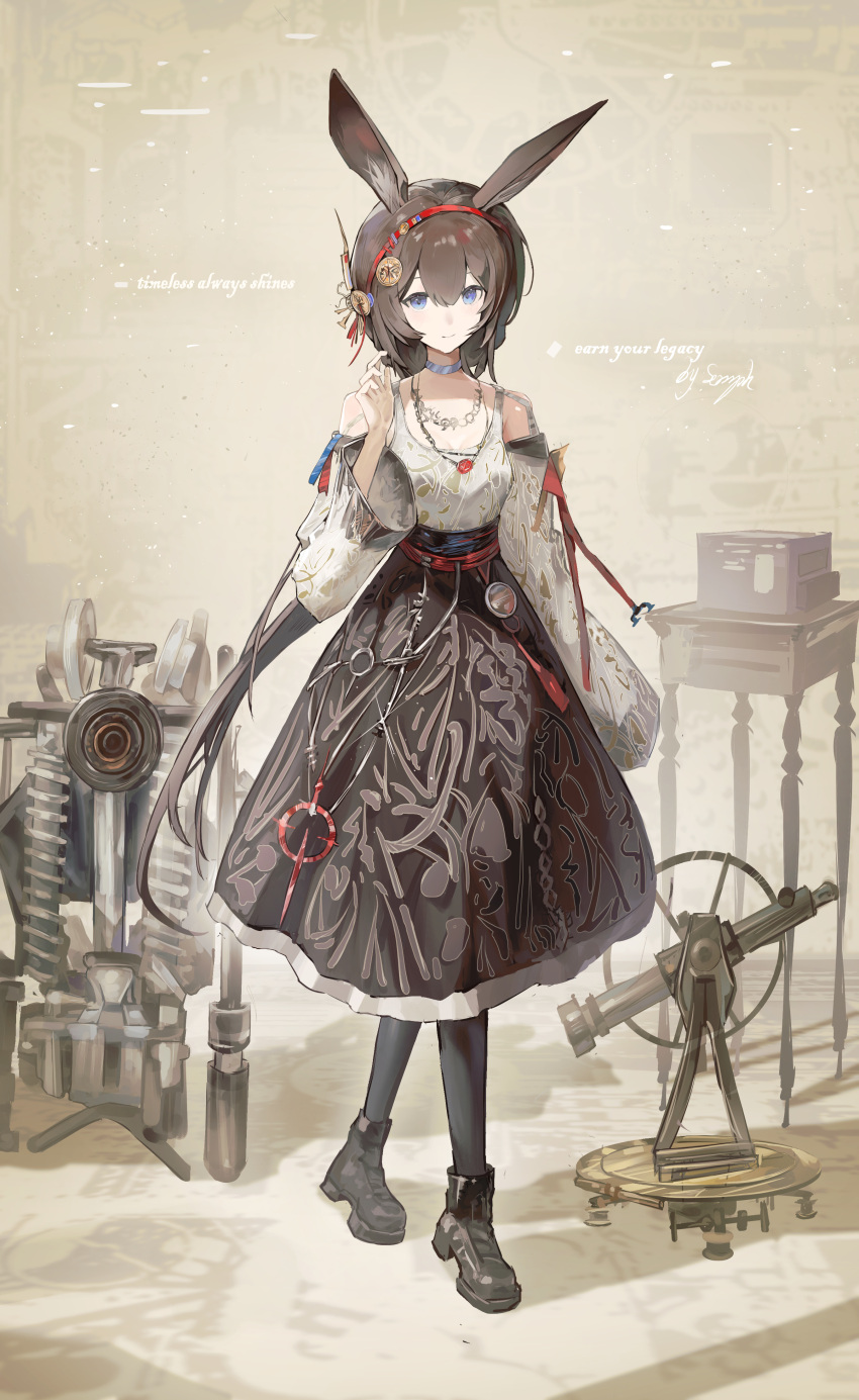 1girl, absurdres, amiya_(arknights), animal_ears, arknights, black_boots, black_pantyhose, blue_eyes