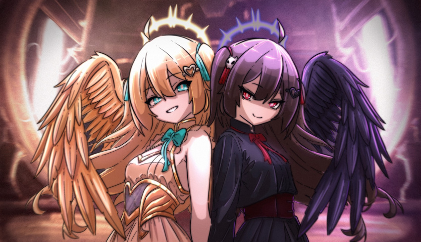 :d, ahoge, alternate_costume, angel_wings, aqua_ribbon, armpit_peek, back-to-back, black_dress, black_wings, blonde_hair, blue_eyes, blue_halo, broken_heart, broken_heart_hair_ornament, brown_hair, cleavage_cutout, clothing_cutout, cowboy_shot, double-parted_bangs, dress, evil_neuro-sama, film_grain, fisheye, floating_hair, gold_corset, grin, hair_between_eyes, hair_ornament, hair_ribbon, halo, head_tilt, heart, heart_hair_ornament, high_collar, highres, long_hair, neck_ribbon, neuro-sama, no_nose, nythlinvt, red_eyes, red_ribbon, ribbon, shaded_face, siblings, sleeveless, sleeveless_dress, smile, twins, two_side_up, vedal_ai, vignetting, waist_ribbon, wings