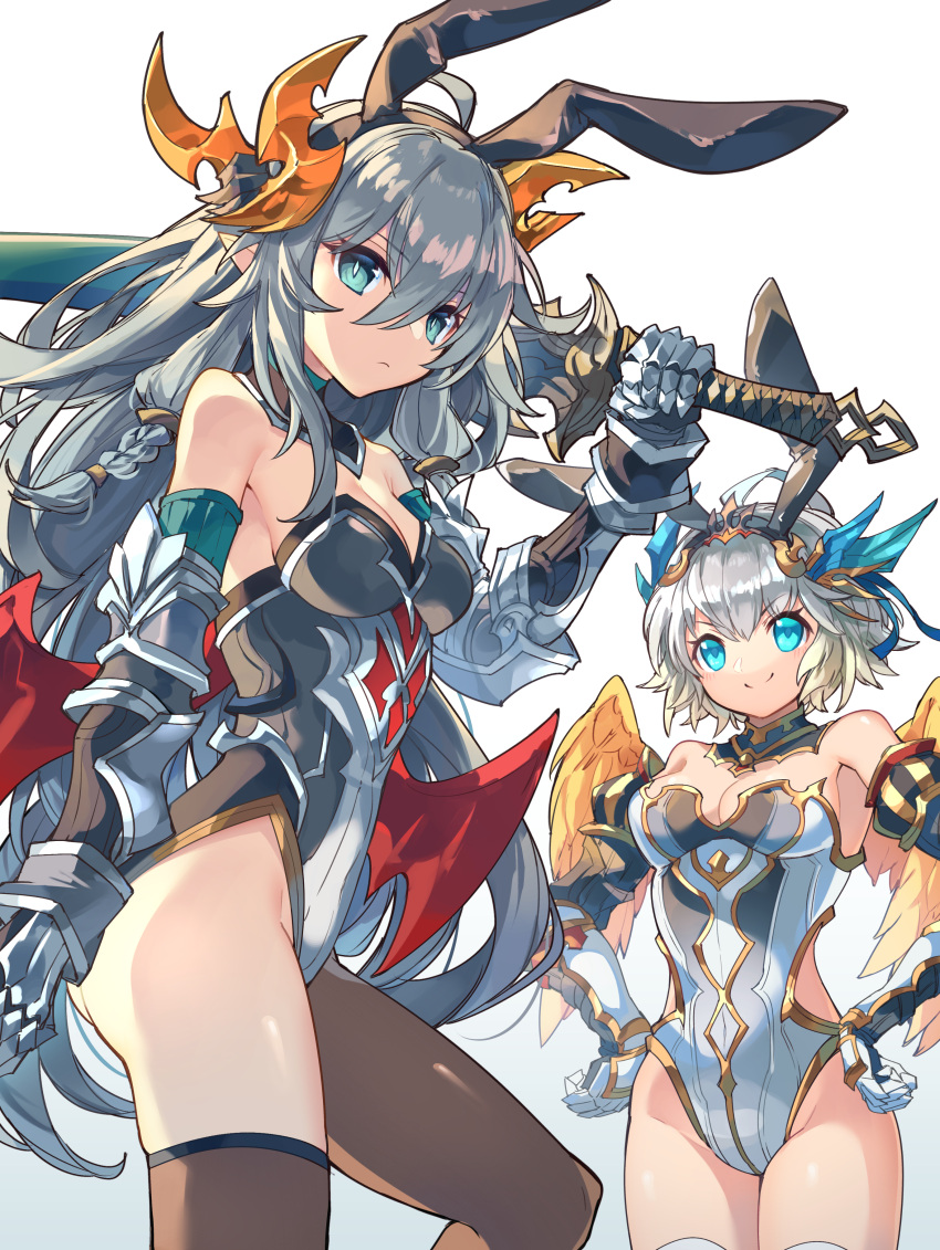 2girls, absurdres, animal_ears, asymmetrical_legwear, bare_shoulders, blue_eyes, braid, breasts, commentary_request, dragon_girl, dragon_horns, fake_animal_ears, feathered_wings, from_below, gauntlets, grey_hair, highleg, highleg_leotard, highres, holding, holding_weapon, horns, kuuron_(moesann17), large_breasts, leotard, long_hair, multiple_girls, navi_(p&amp;d), playboy_bunny, puzzle_&amp;_dragons, rabbit_ears, short_hair, strapless, strapless_leotard, sword, tierra_(p&amp;d), uneven_legwear, weapon, white_hair, wings