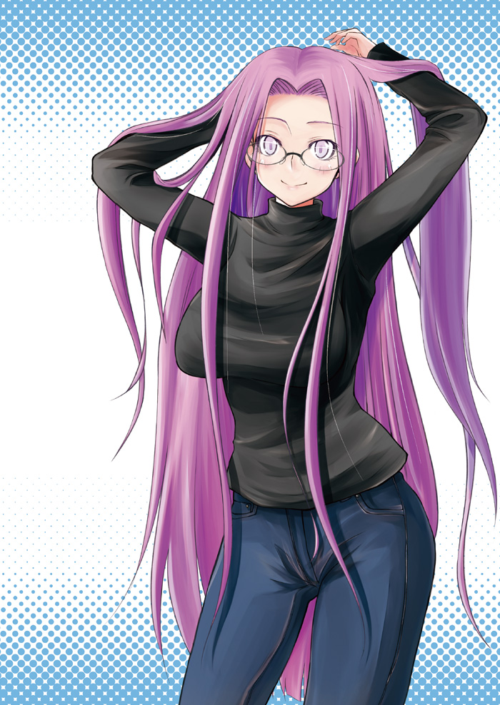 blush, breasts, fate/stay_night, fate_(series), glasses, jeans, large_breasts, long_hair