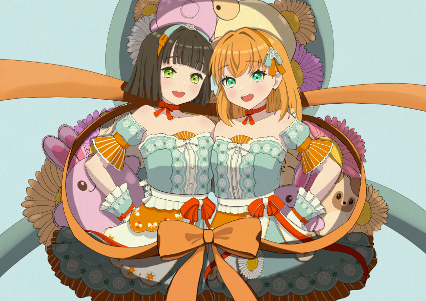 2girls, :d, absurdres, aqua_eyes, bare_shoulders, black_hair, blunt_bangs, blunt_ends, bob_cut, bow, celebration!_(love_live!), cerise_bouquet, commentary_request, detached_sleeves, dress, frilled_gloves, frills, gloves, green_eyes, hand_on_own_hip, hasutousan, highres, hinoshita_kaho, link!_like!_love_live!, looking_at_viewer, love_live!, medium_hair, momose_ginko, multiple_girls, official_alternate_costume, open_mouth, orange_bow, orange_hair, puffy_short_sleeves, puffy_sleeves, short_hair, short_sleeves, smile, strapless, strapless_dress, stuffed_animal, stuffed_fox, stuffed_rabbit, stuffed_raccoon, stuffed_toy, teeth, upper_teeth_only, virtual_youtuber, white_gloves
